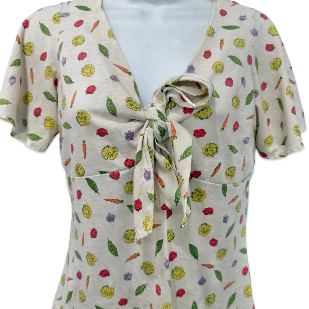 Vintage Tie Front Ivory Vegetable Print Carrot Tomato Peas Lettuce Tee size S - Picture 4 of 10